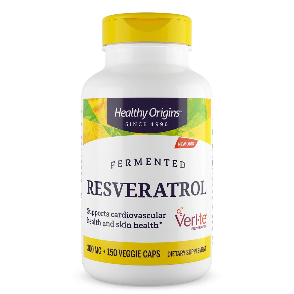 Healthy Origins Fermented Resveratrol bottle front showcases premium, non-GMO formulation.
