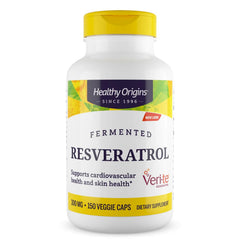 Healthy Origins Fermented Resveratrol bottle front showcases premium, non-GMO formulation.