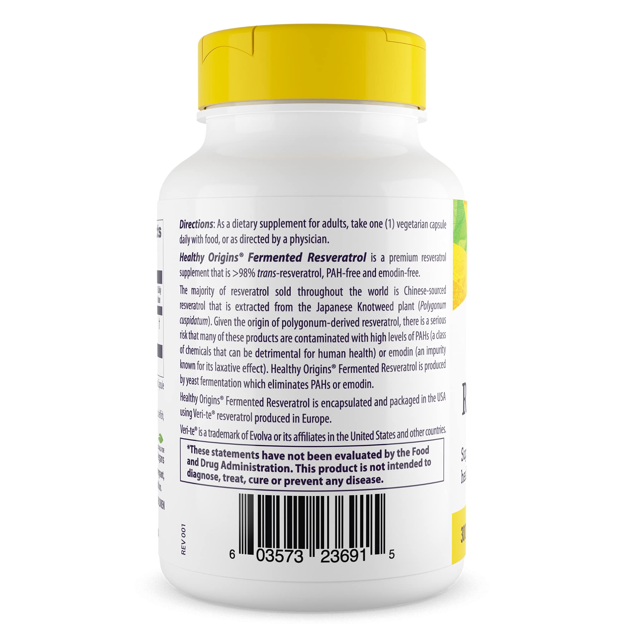 Healthy Origins Fermented Resveratrol bottle side shows 300 mg dose in capsule form.