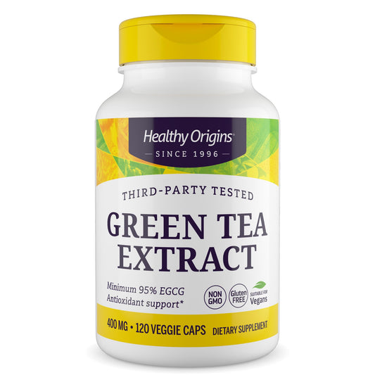 Healthy Origins Green Tea Extract bottle showcases potent EGCG content for daily antioxidant support.