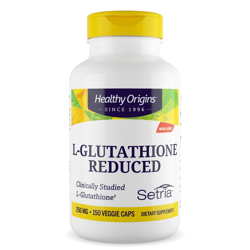 Healthy Origins L-Glutathione 250mg bottle label with Setria quality and antioxidant positioning