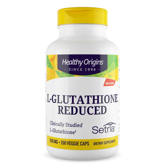 Healthy Origins L-Glutathione bottle front featuring Setria antioxidant support for daily wellness.