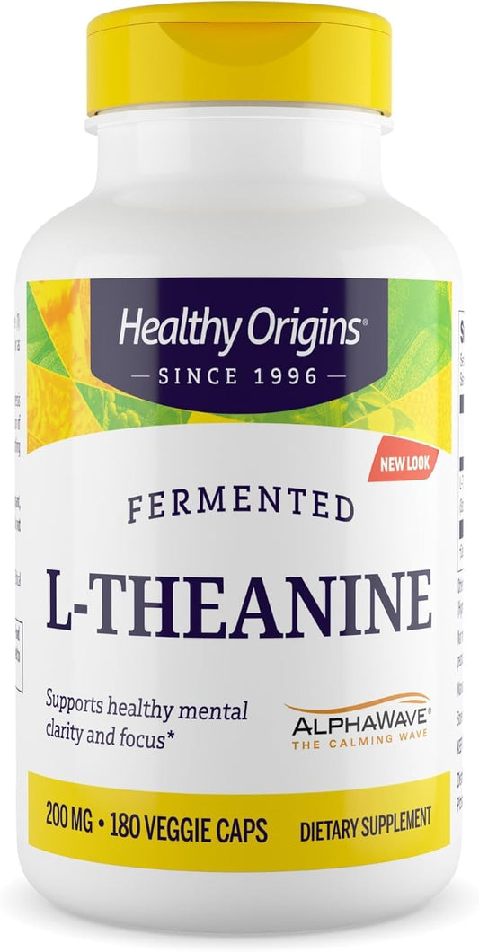 Healthy Origins L-Theanine 200 mg bottle with AlphaWave promotes calm focus.