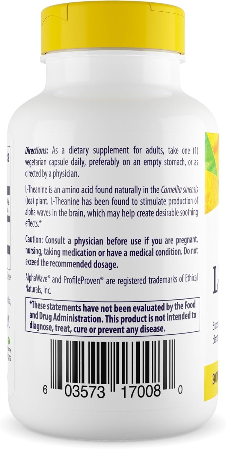 Healthy Origins L-Theanine capsules offer non-GMO, gluten-free relaxation support without drowsiness.