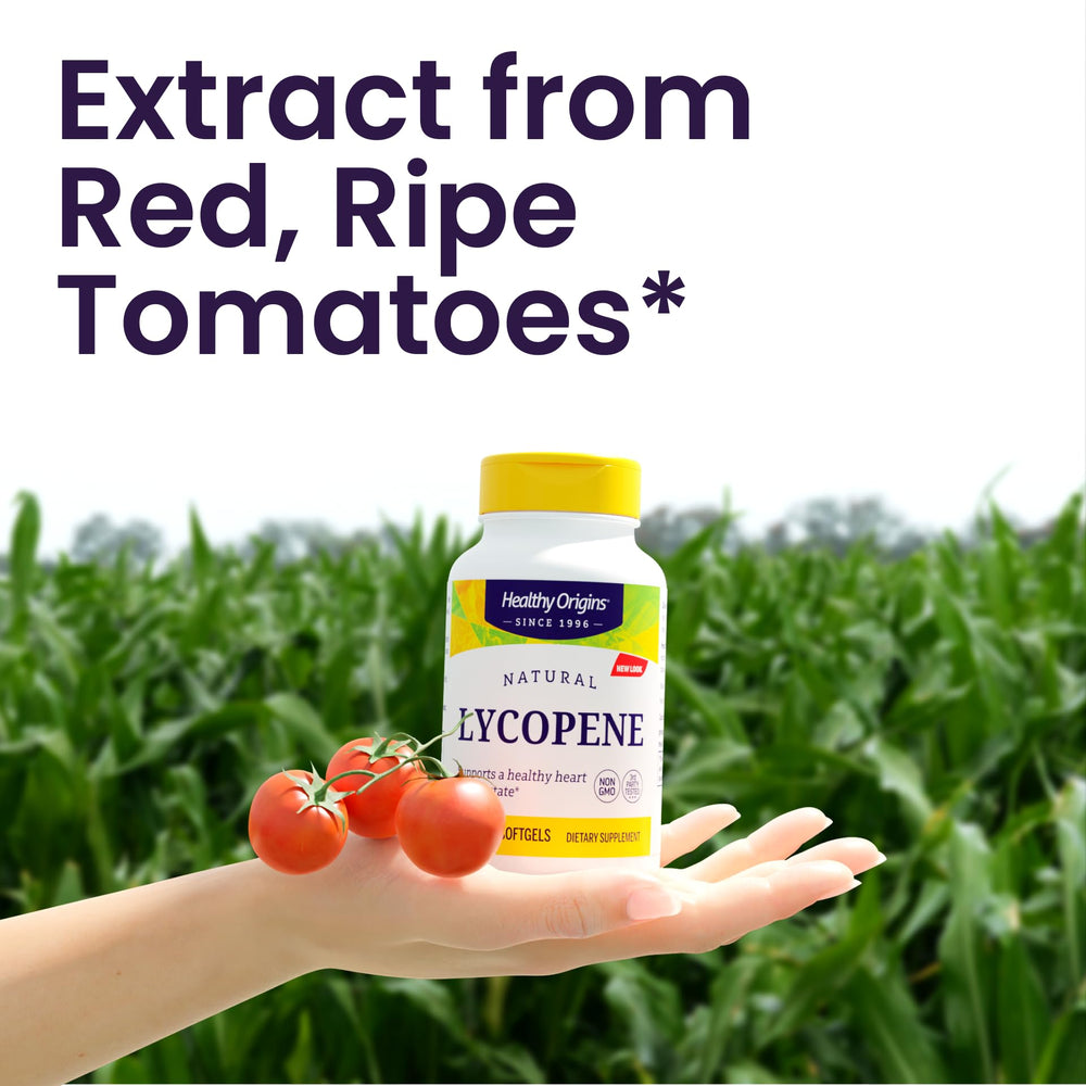 Healthy Origins Lycopene capsule close-up showing natural tomato-derived extract.