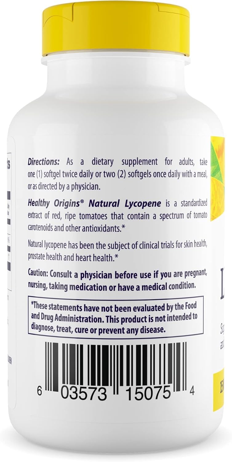 Healthy Origins Lycopene label detail highlighting non-GMO and gluten-free features.