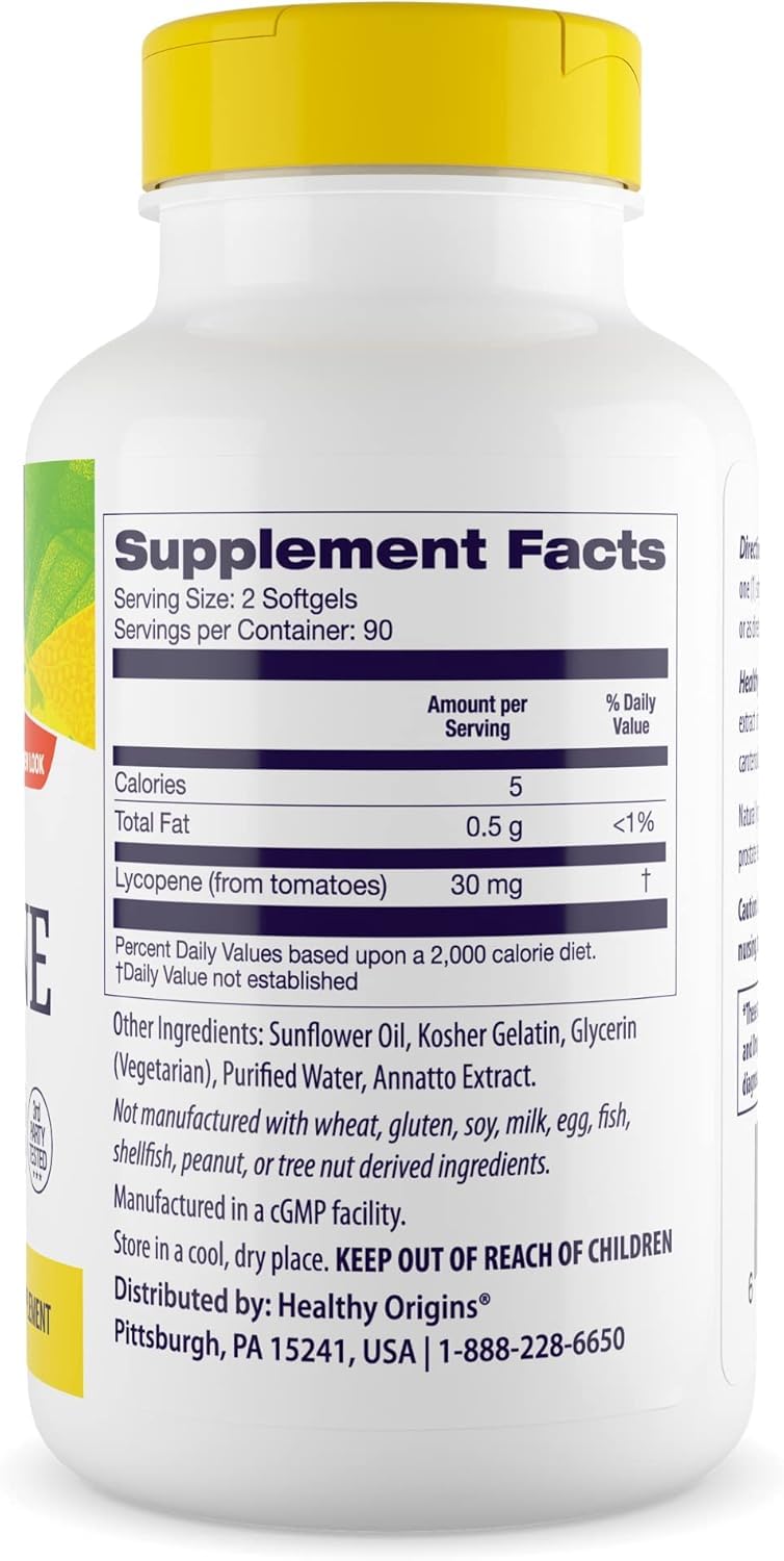 Healthy Origins Lycopene softgels being dispensed for easy daily antioxidant intake.