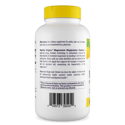 Healthy Origins magnesium tablets closeup highlighting small, gentle-digesting capsules for daily use.