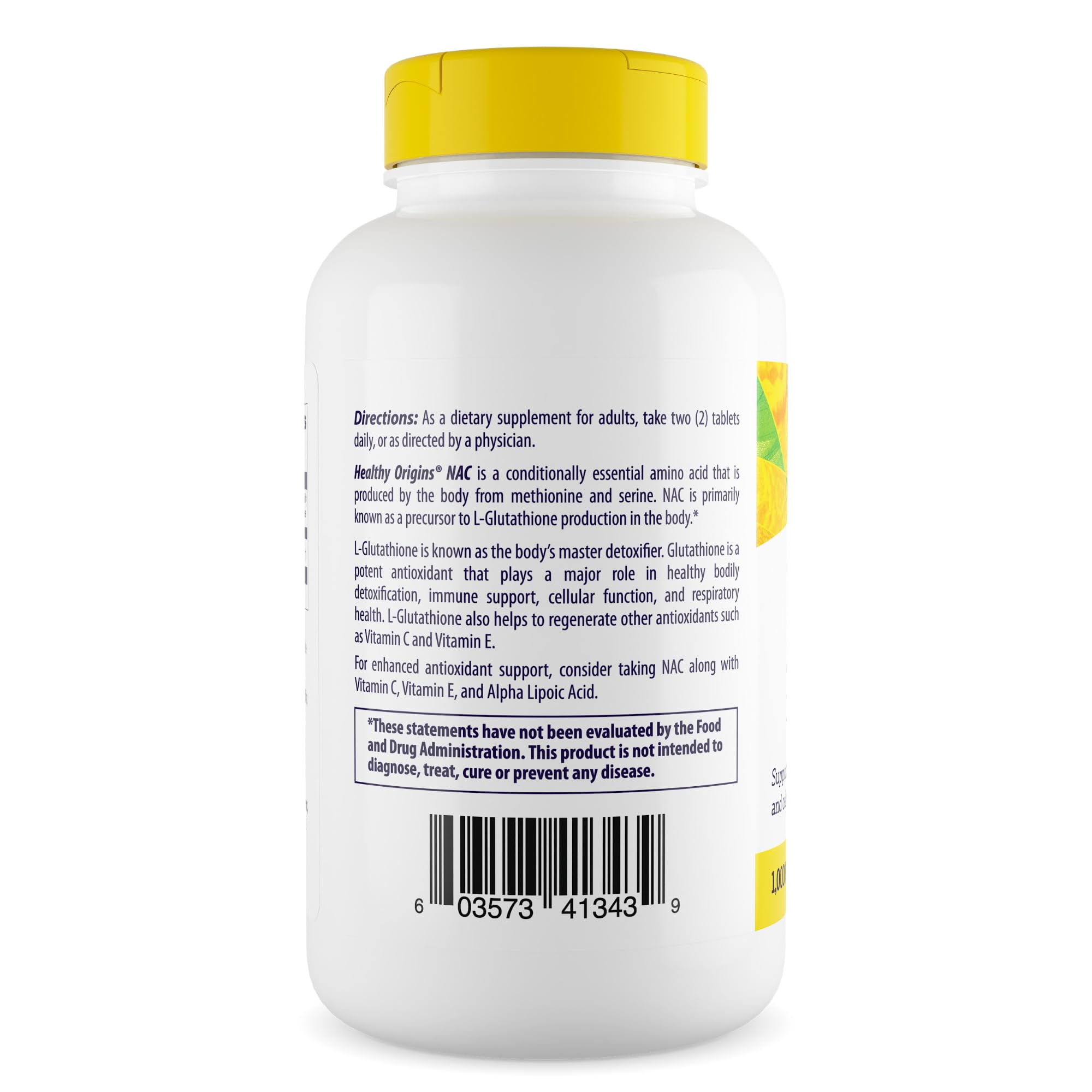 Healthy Origins NAC tablets close-up highlights smooth, coated pills for easy daily dosing.