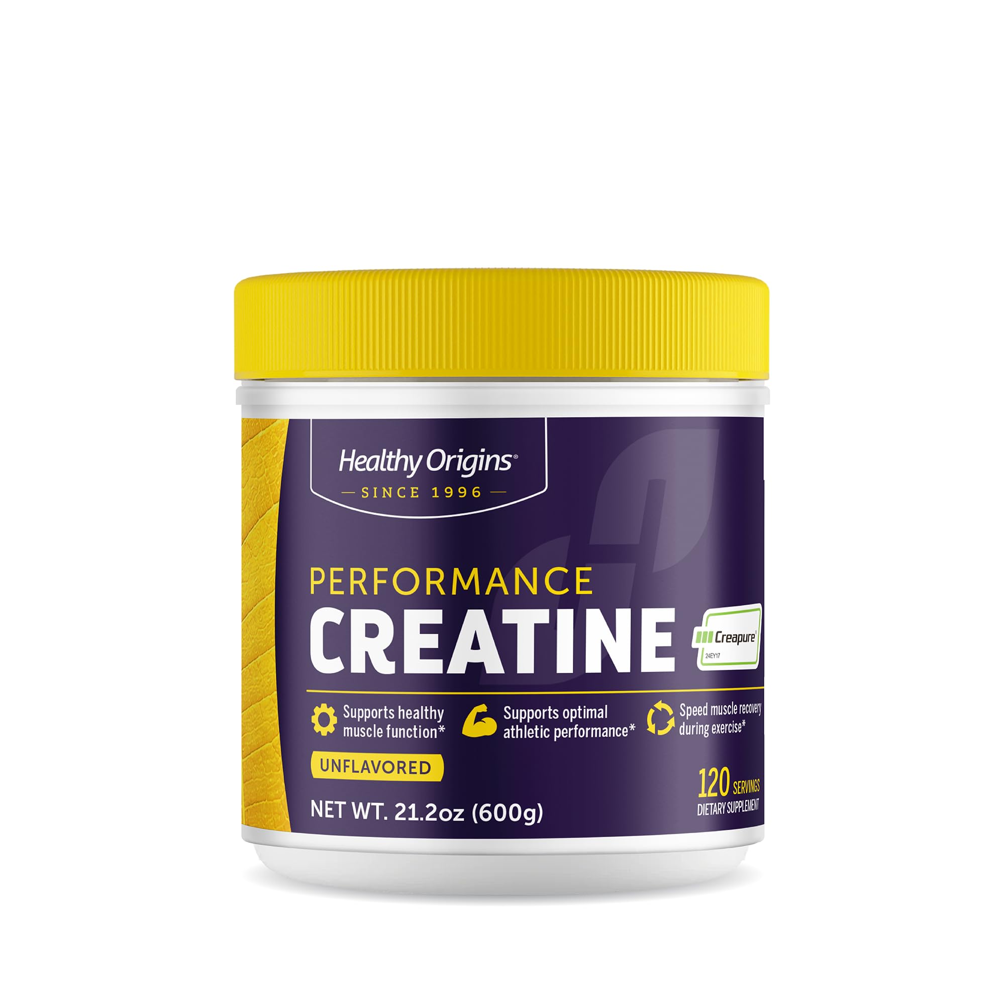 Healthy Origins Performance Creatine tub with unflavored powder for energy support during workouts.
