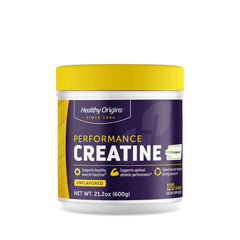 Healthy Origins Performance Creatine tub with unflavored powder for energy support during workouts.