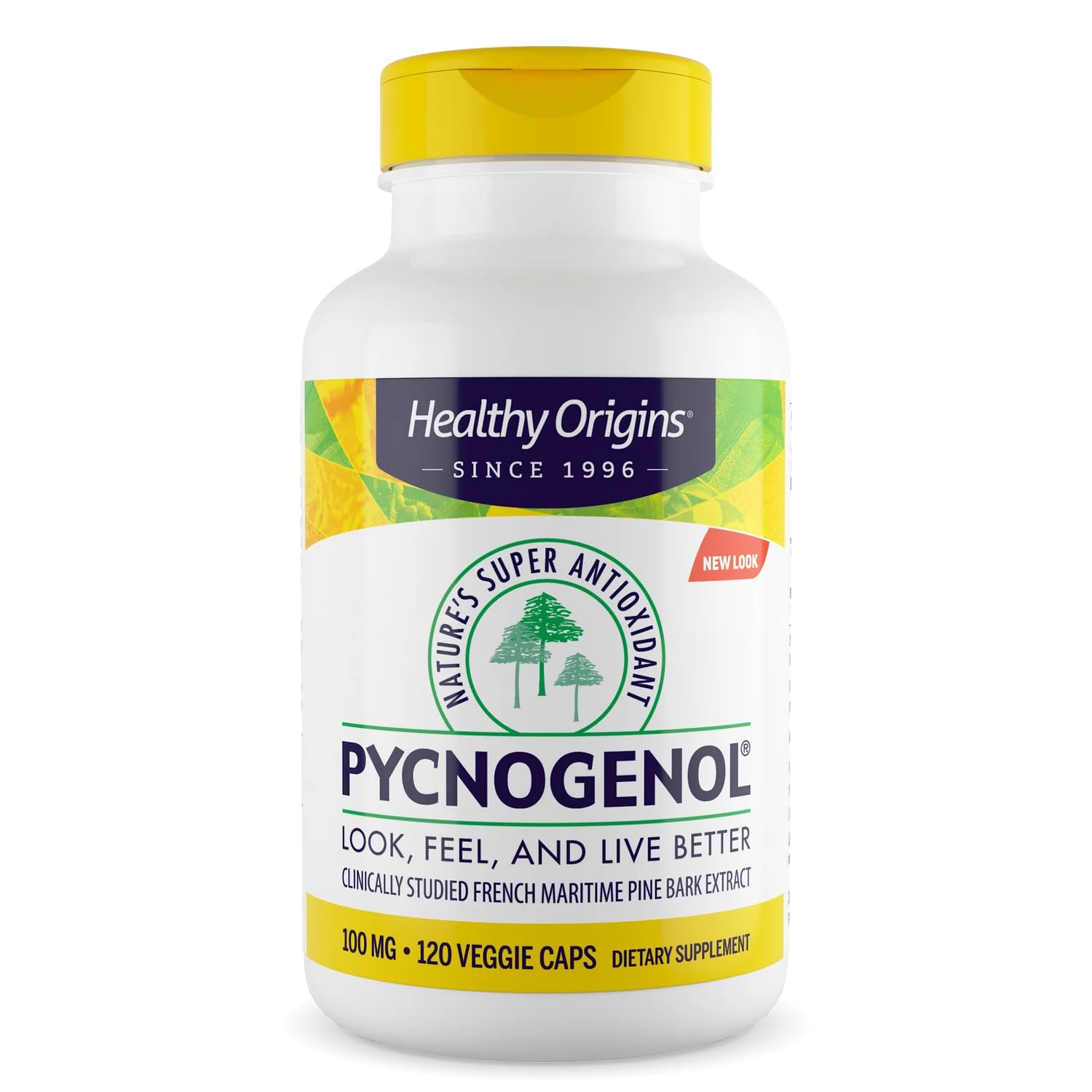 Healthy Origins Pycnogenol 100mg bottle highlighting natural antioxidant support.
