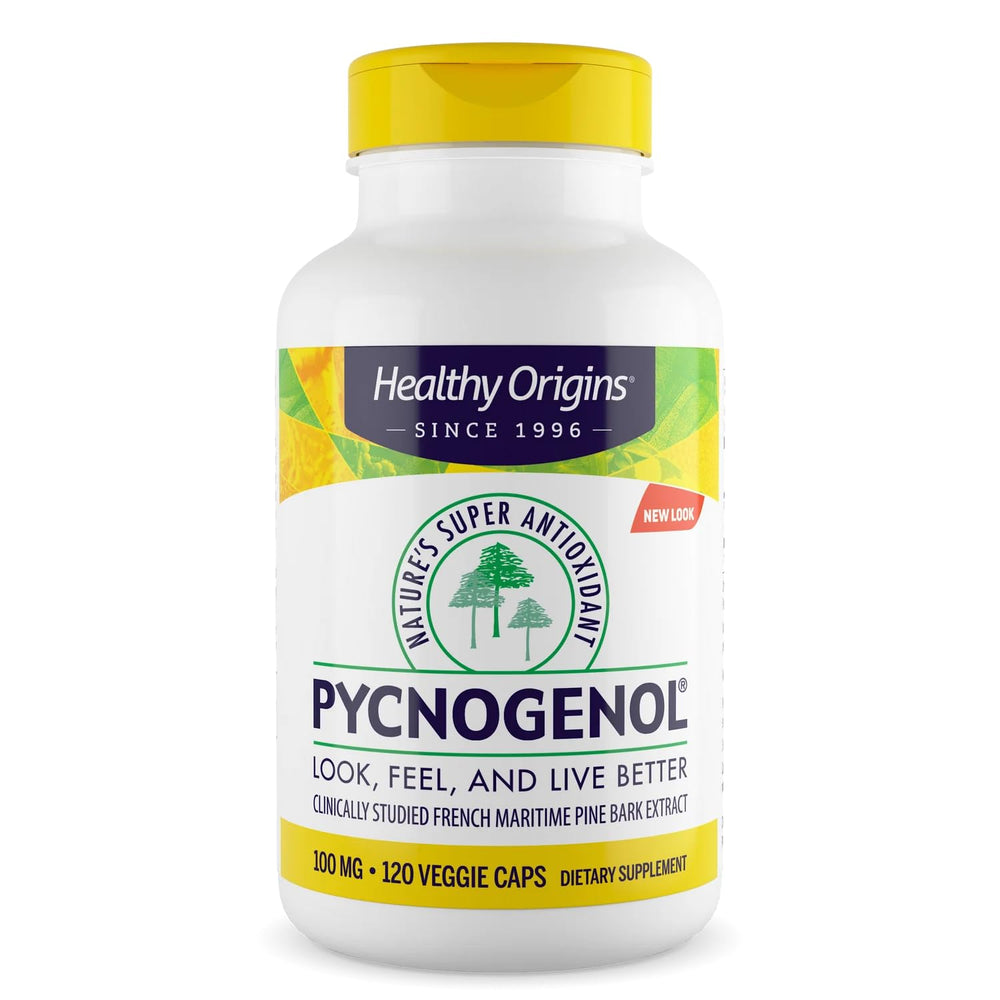 Healthy Origins Pycnogenol 100mg bottle highlighting natural antioxidant support.