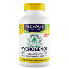 Healthy Origins Pycnogenol 100mg bottle highlighting natural antioxidant support.