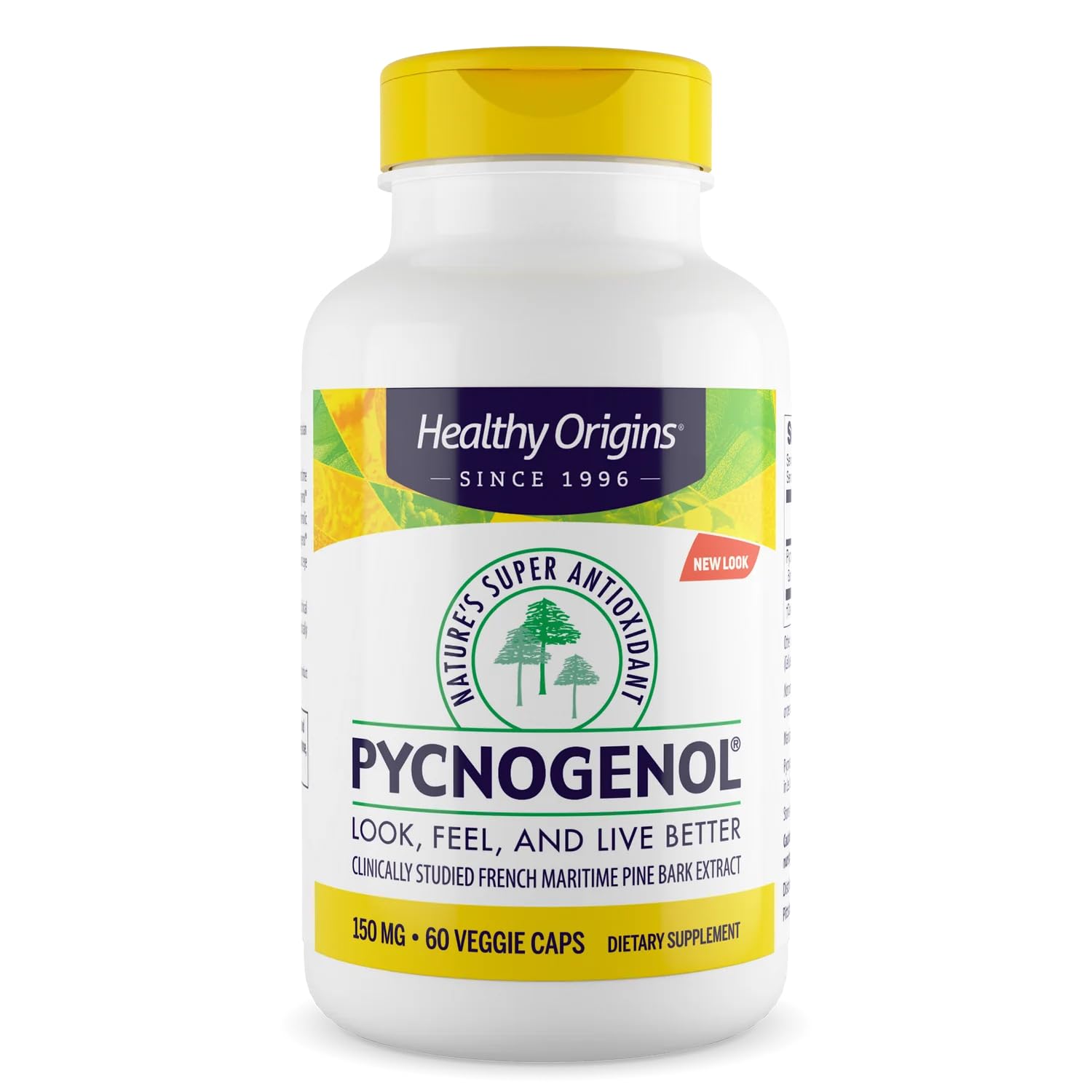 Healthy Origins Pycnogenol 150 mg bottle close-up showing premium packaging and quality.