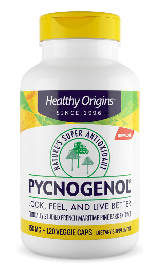 Healthy Origins Pycnogenol bottle front view highlighting antioxidants.