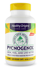 Healthy Origins Pycnogenol bottle front view highlighting antioxidants.