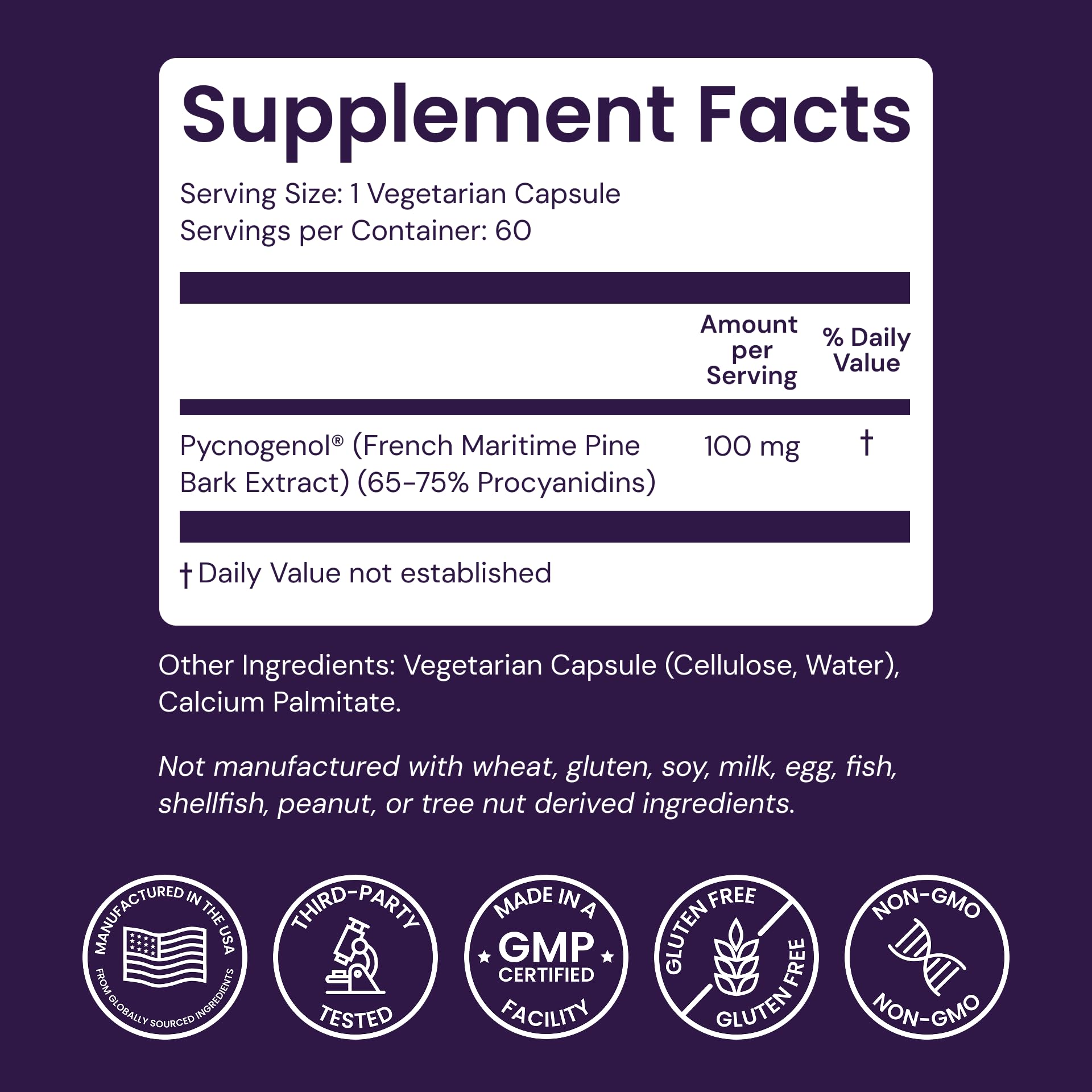 Healthy Origins Pycnogenol ingredients highlight procyanidins and bioflavonoids
