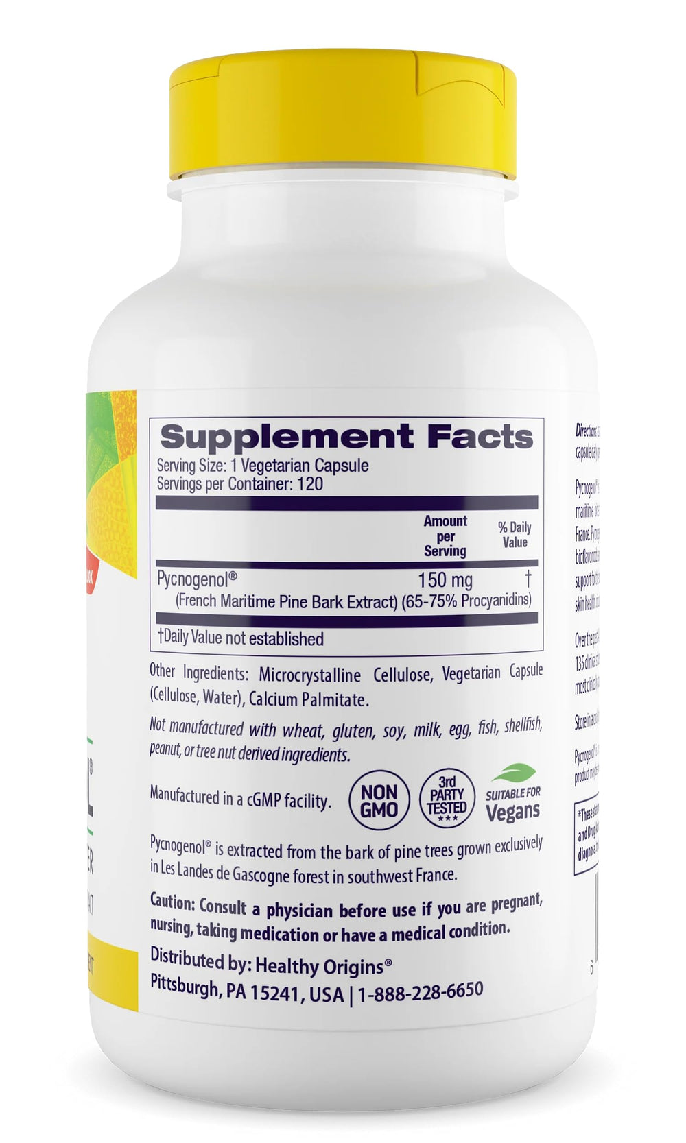Healthy Origins Pycnogenol label close-up showing non GMO vegan formula.