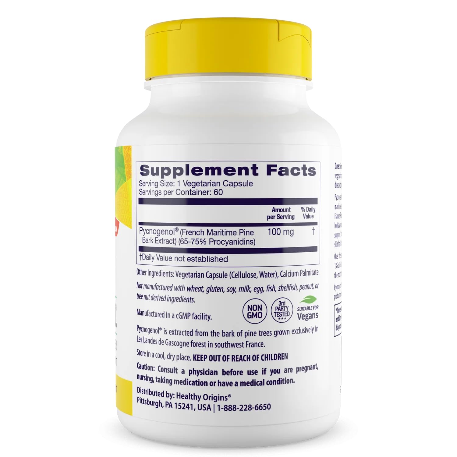 Healthy Origins Pycnogenol vegetarian capsules closeup for convenient daily antioxidant support