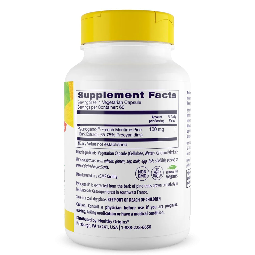 Healthy Origins Pycnogenol vegetarian capsules closeup for convenient daily antioxidant support