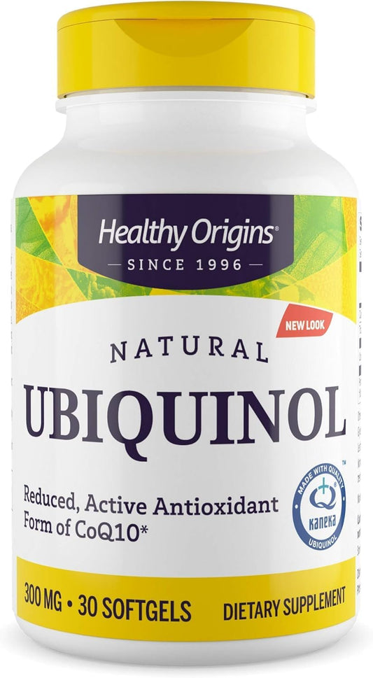 Healthy Origins Ubiquinol 300 mg bottle showing premium packaging for heart support.