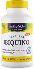 Healthy Origins Ubiquinol 300 mg bottle highlighting heart health support potential.
