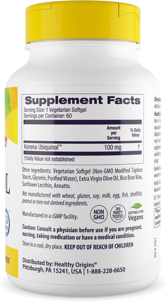 Healthy Origins ubiquinol softgels show active form support for daily wellness.
