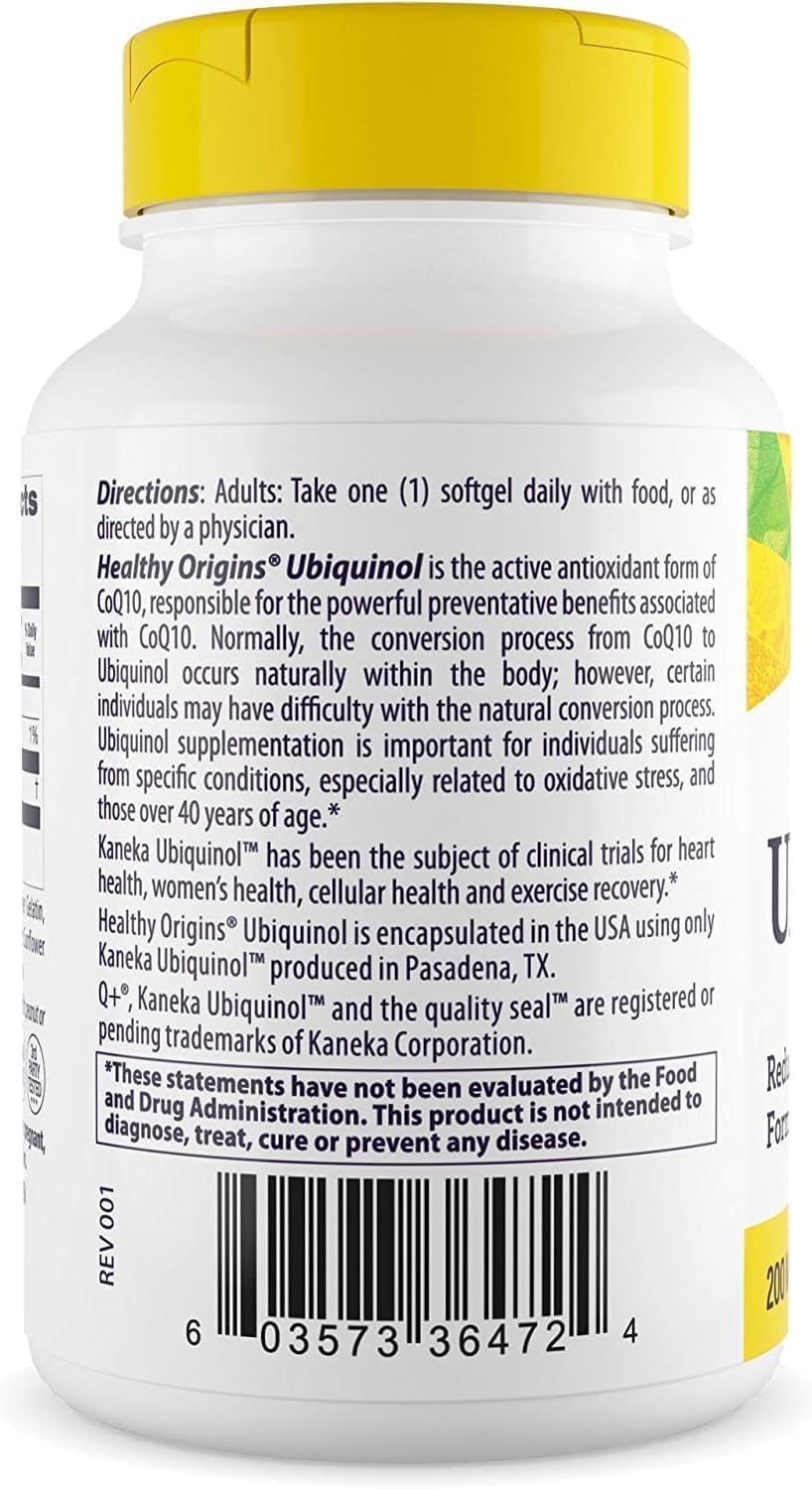 Healthy Origins ubiquinol bottle closeup highlighting dosage and active form.