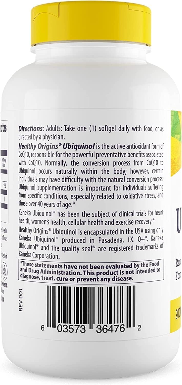 Healthy Origins ubiquinol bottle label detail highlighting Kaneka Ubiquinol ingredient