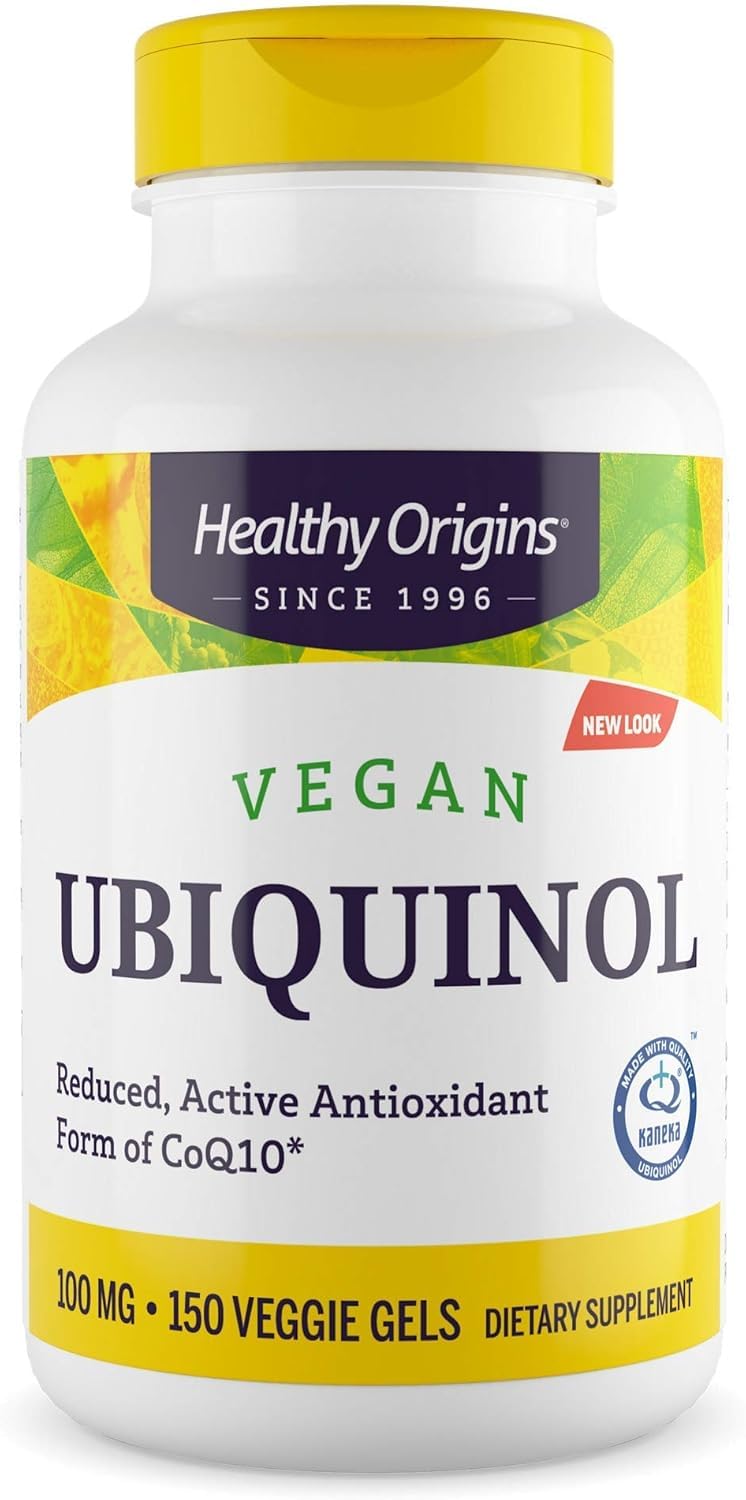 Healthy Origins ubiquinol bottle shows vegan CoQ10 for daily antioxidant support.