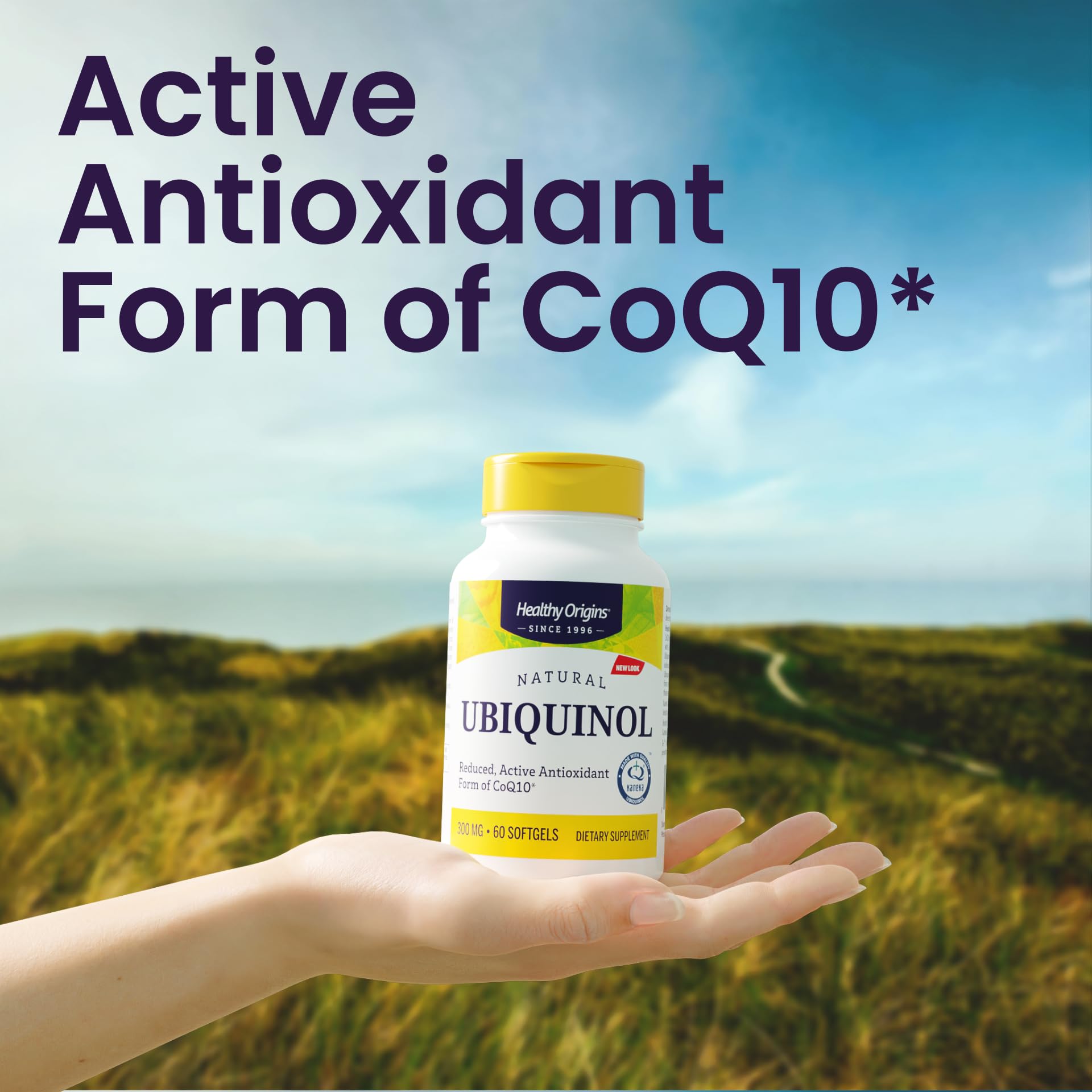 Healthy Origins ubiquinol packaging front displaying gluten-free and non-GMO claims.