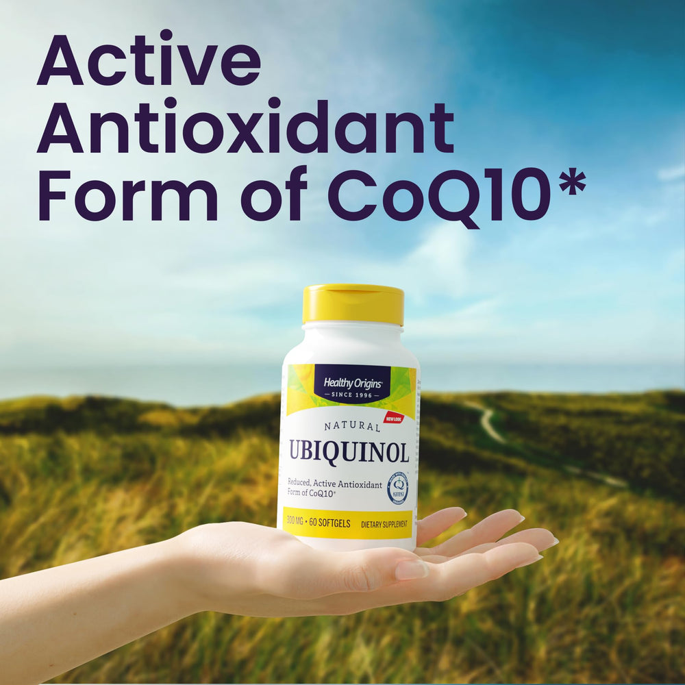 Healthy Origins ubiquinol packaging front displaying gluten-free and non-GMO claims.