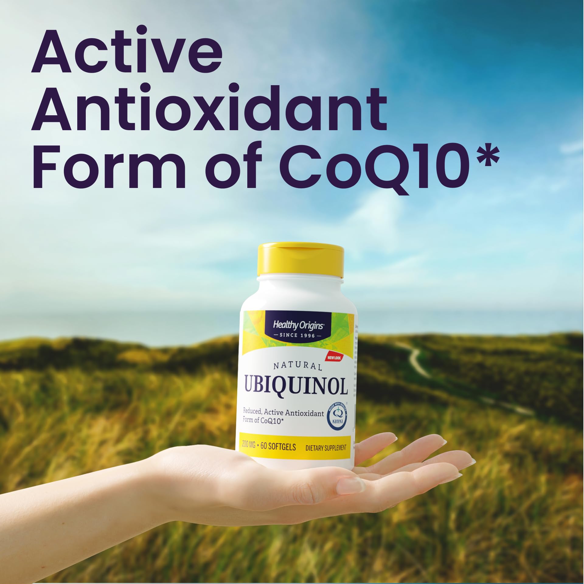 Healthy Origins ubiquinol softgel dispensing close-up for enhanced absorption