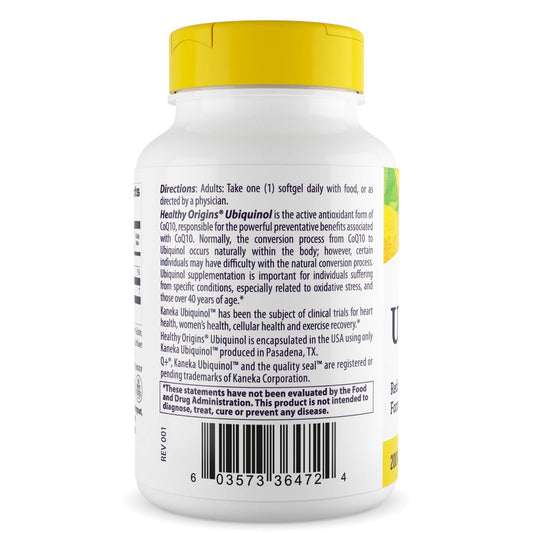 Healthy Origins ubiquinol softgels close-up showing smooth, easy-to-swallow capsules
