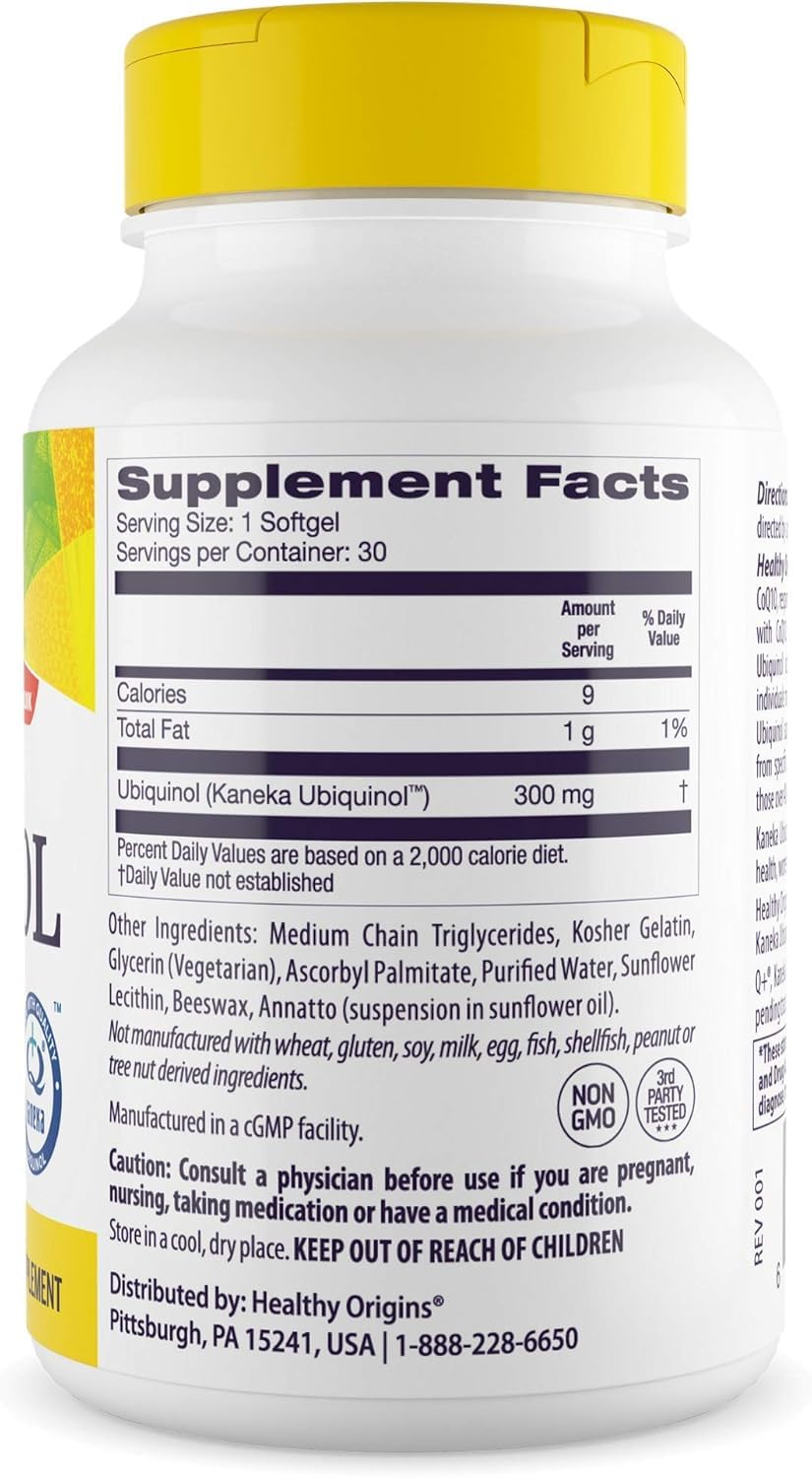 Healthy Origins ubiquinol softgels closeup highlighting easy absorption.