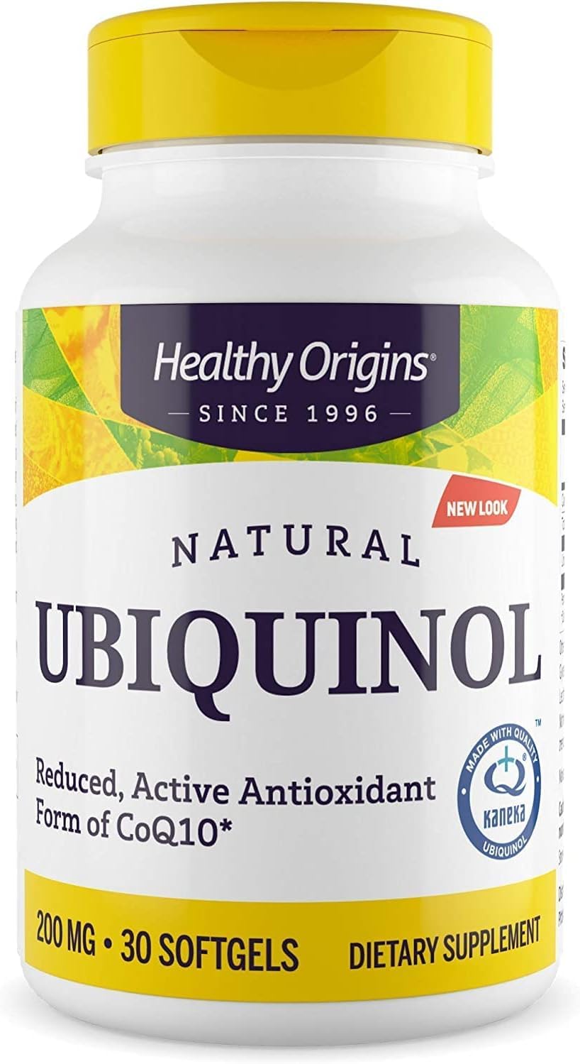 Healthy Origins ubiquinol softgels front view for heart health support and easy daily use.