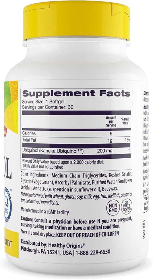 Healthy Origins ubiquinol softgels label closeup showing supplement details.