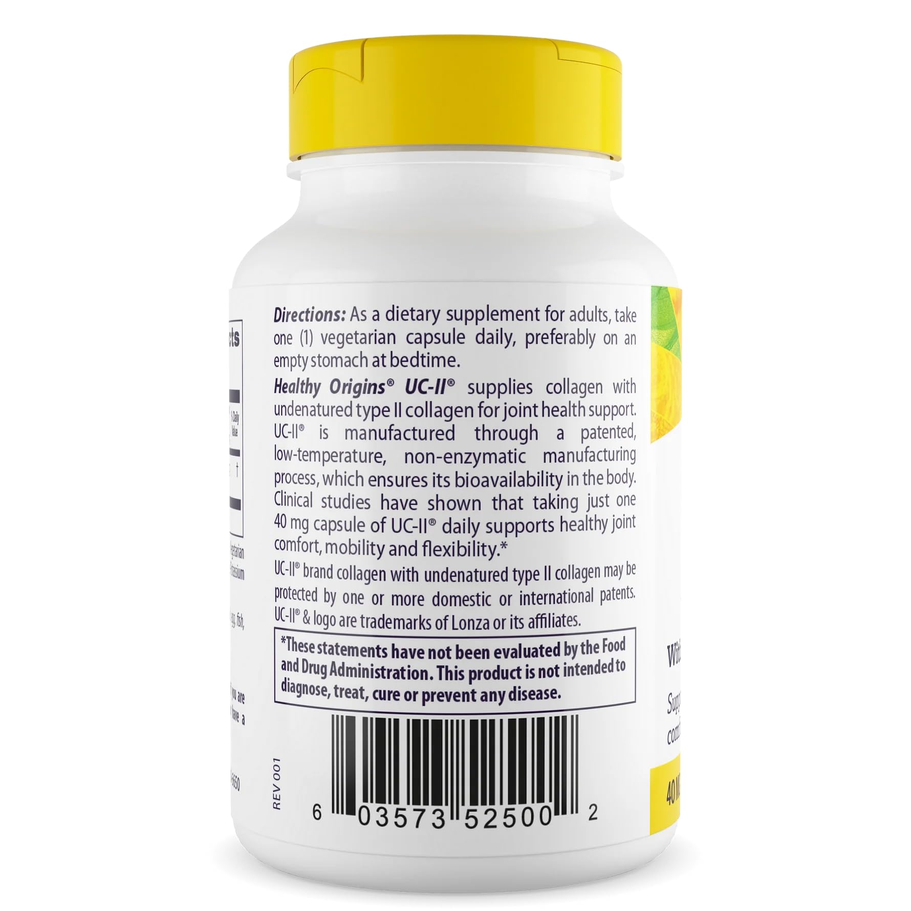 Healthy Origins UC-II 40 mg bottle back label with ingredients note