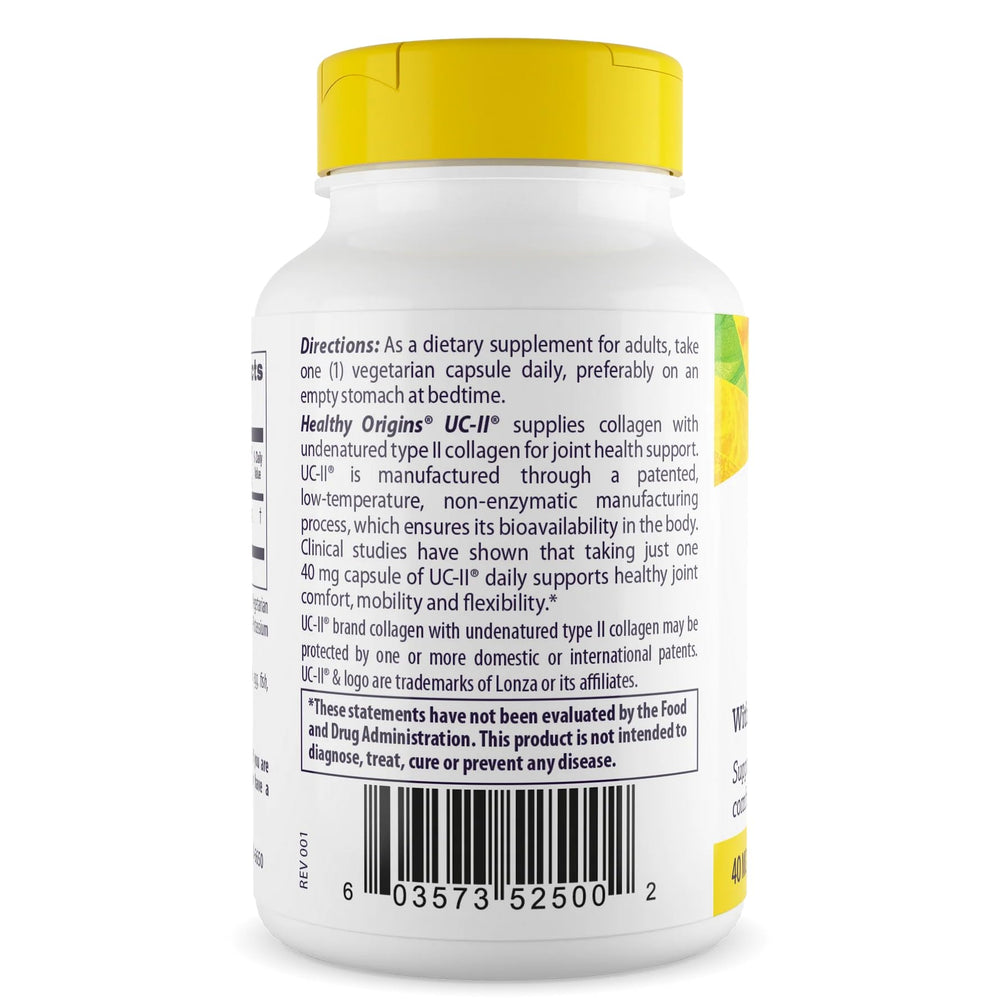 Healthy Origins UC-II 40 mg bottle back label with ingredients note