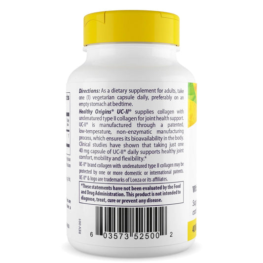 Healthy Origins UC-II 40 mg bottle back label with ingredients note