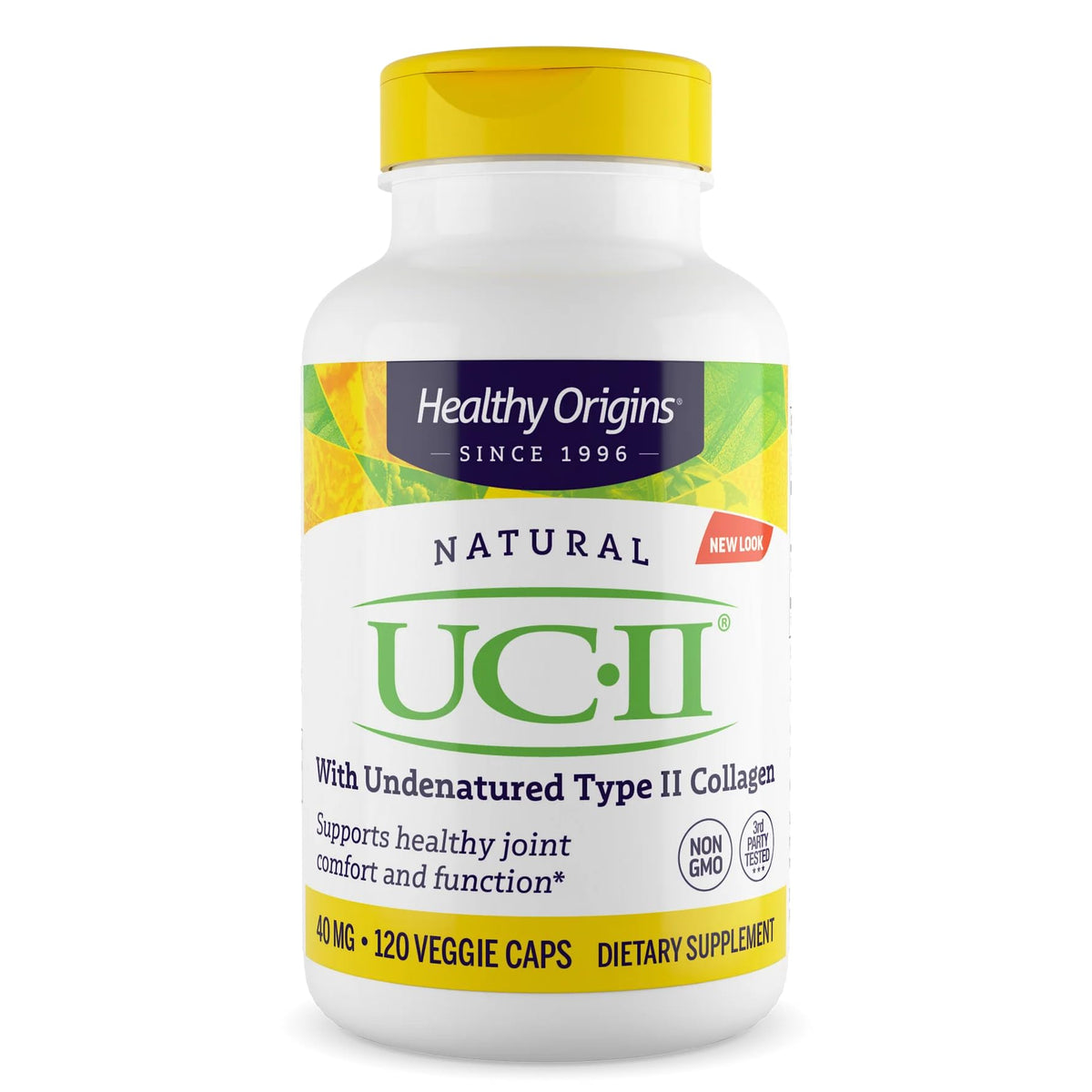 Healthy Origins UC-II 40 mg bottle front view, highlighting branding and product