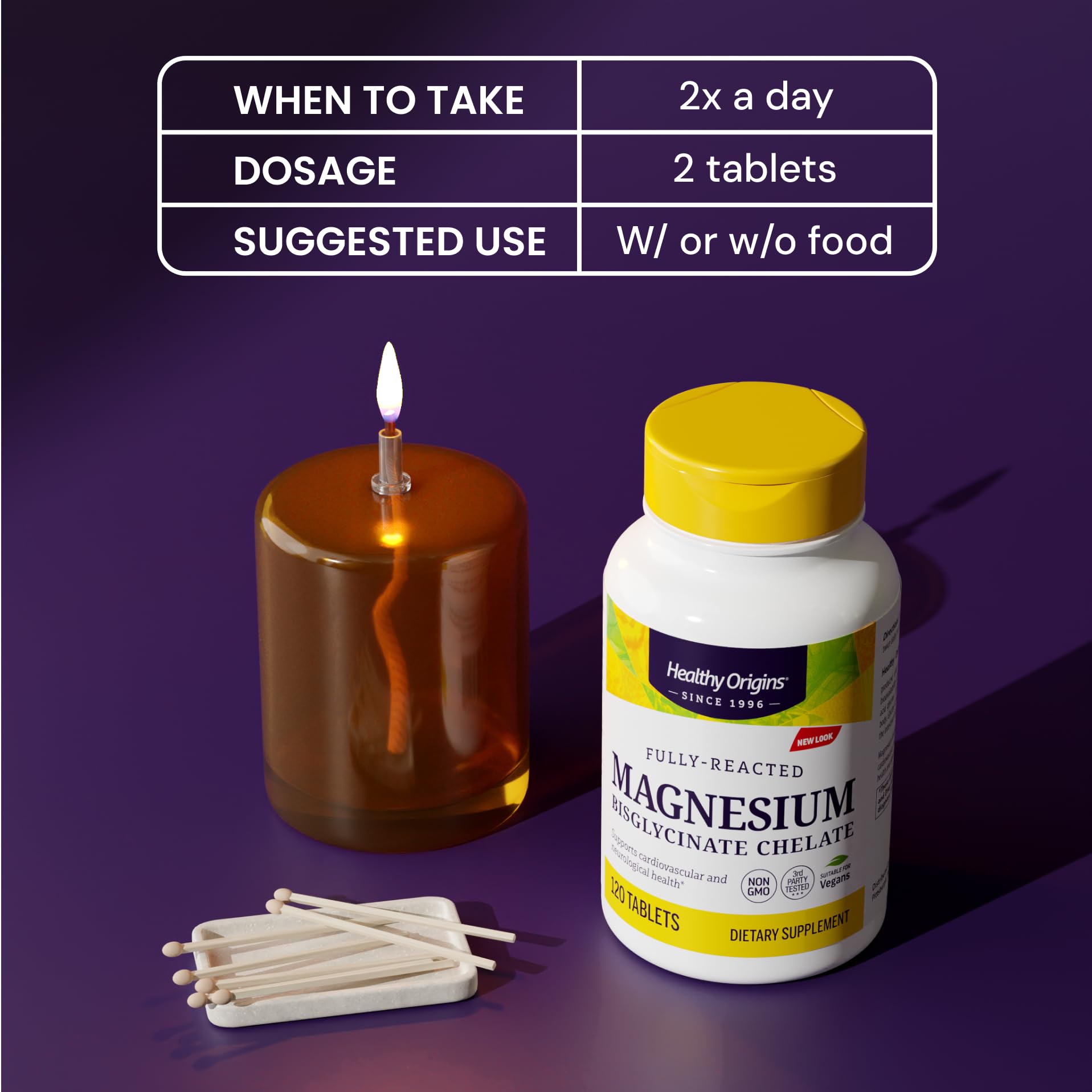 Healthy Origins vegan supplement bottle emphasizing plant-based magnesium for wellness.
