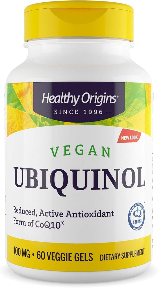 Healthy Origins vegan ubiquinol 100mg bottle for antioxidant support.