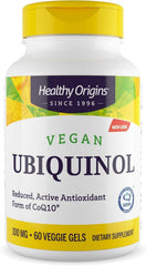 Healthy Origins vegan ubiquinol 100mg bottle for antioxidant support.
