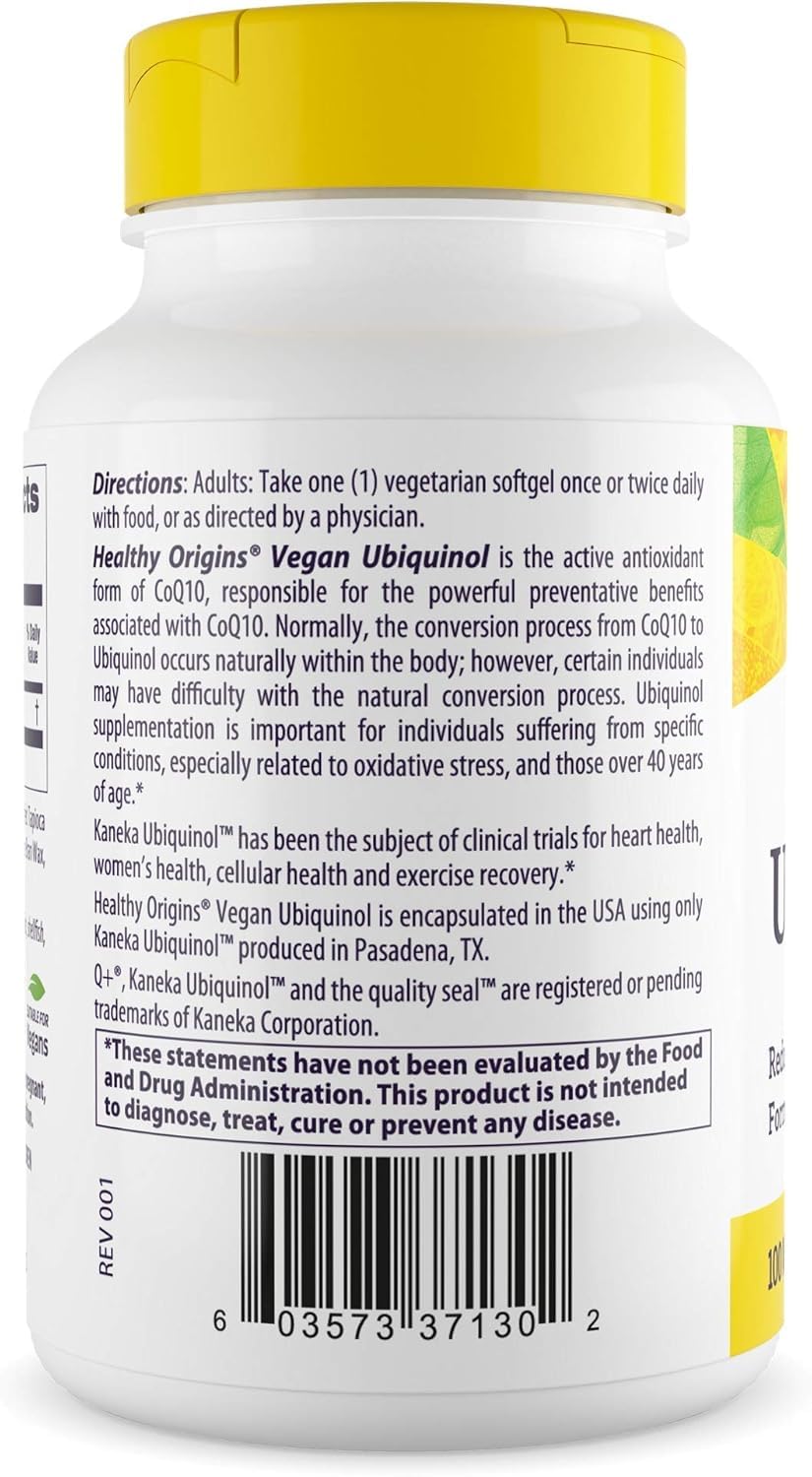 Healthy Origins ubiquinol ingredient label highlights vegan formula and gluten-free ingredients.