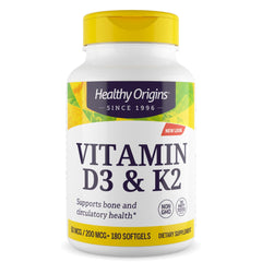 Healthy Origins Vitamin D3 + K2 bottle label highlights bone support potential