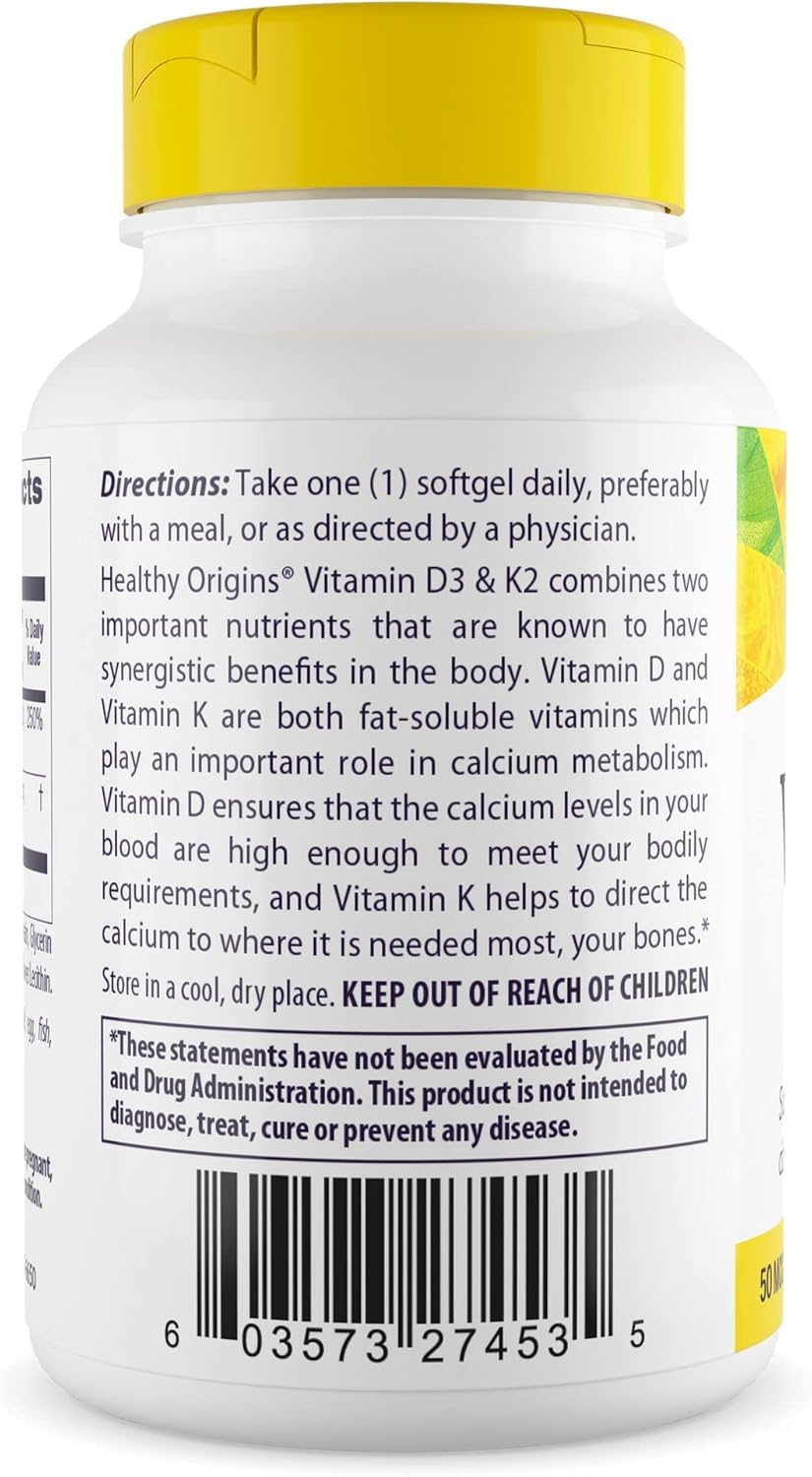 Healthy Origins Vitamin D3 + K2 label detail with gluten-free and non-GMO signals