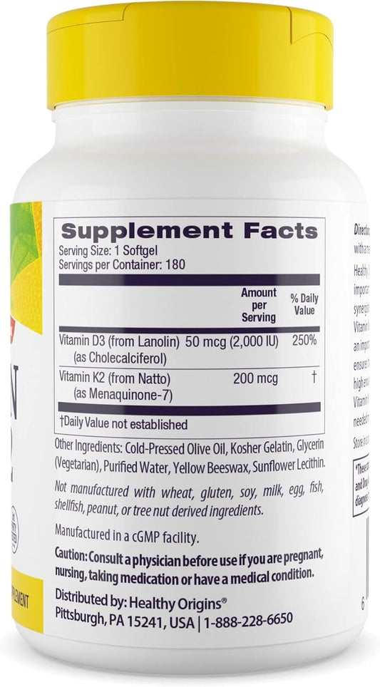 Healthy Origins Vitamin D3 + K2 softgels close-up for easy daily use