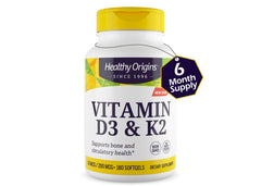 Healthy Origins third-party tested seal on Vitamin D3 + K2 bottle